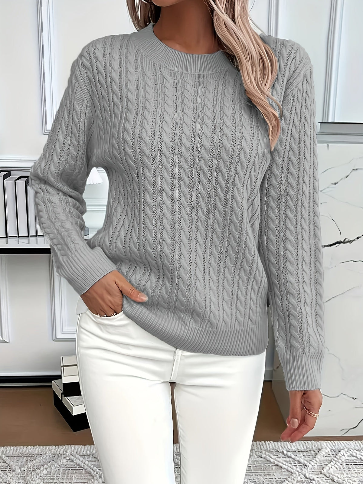 Chunky Cable Knit Sweater with Crew Neck and Ribbed Cuffs — variant_front