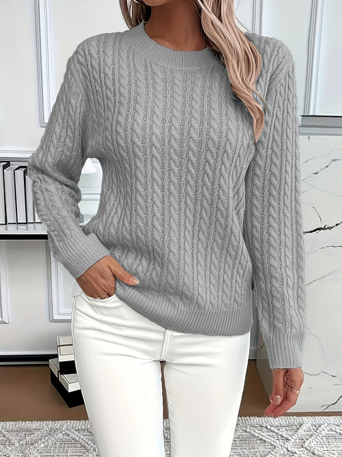 Chunky Cable Knit Sweater with Crew Neck and Ribbed Cuffs — variant_front
