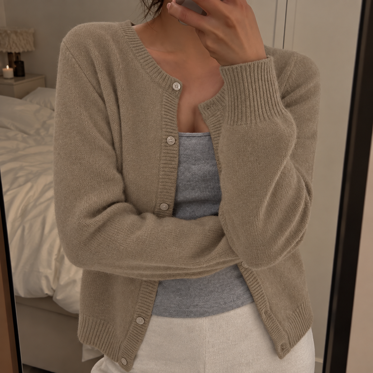 Soft Knit Cardigan with Round Neck and Button Front — variant_front