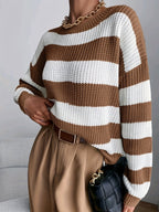 Striped Chunky Knit Sweater with Round Neck and Dropped Shoulders — variant_front