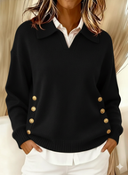 Relaxed Knit Sweater with Polo Collar and Gold Side Buttons — variant_front