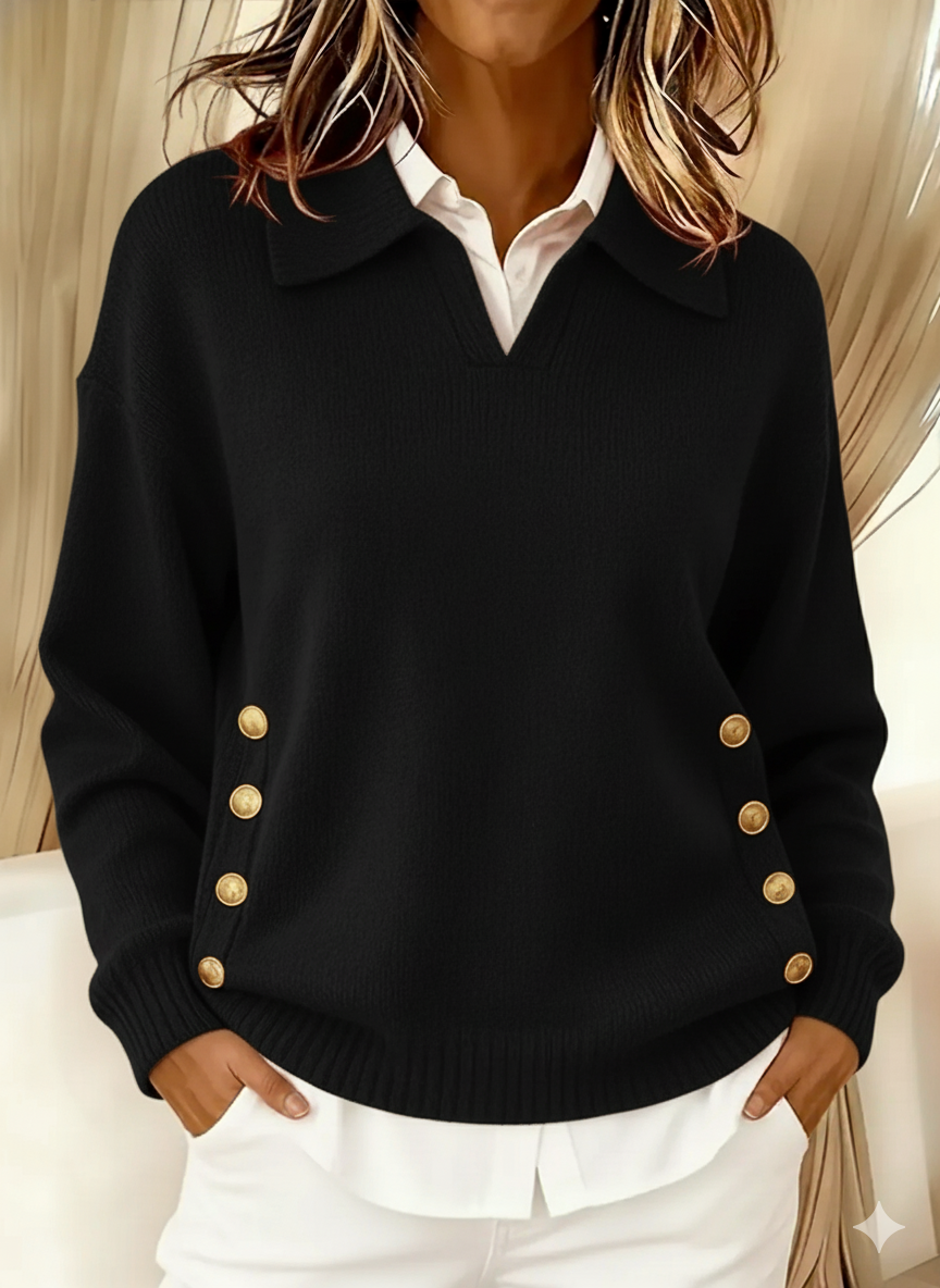 Relaxed Knit Sweater with Polo Collar and Gold Side Buttons — variant_front