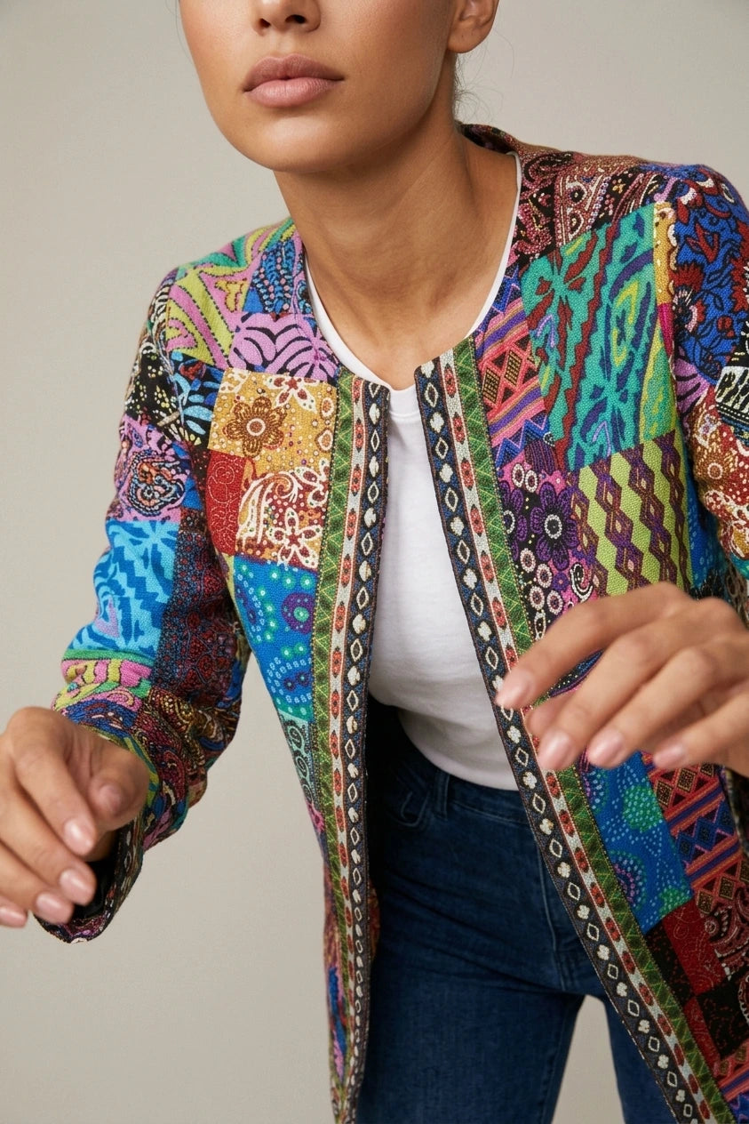 Women's Printed Open-Front Jacket with Long Sleeves — variant_front