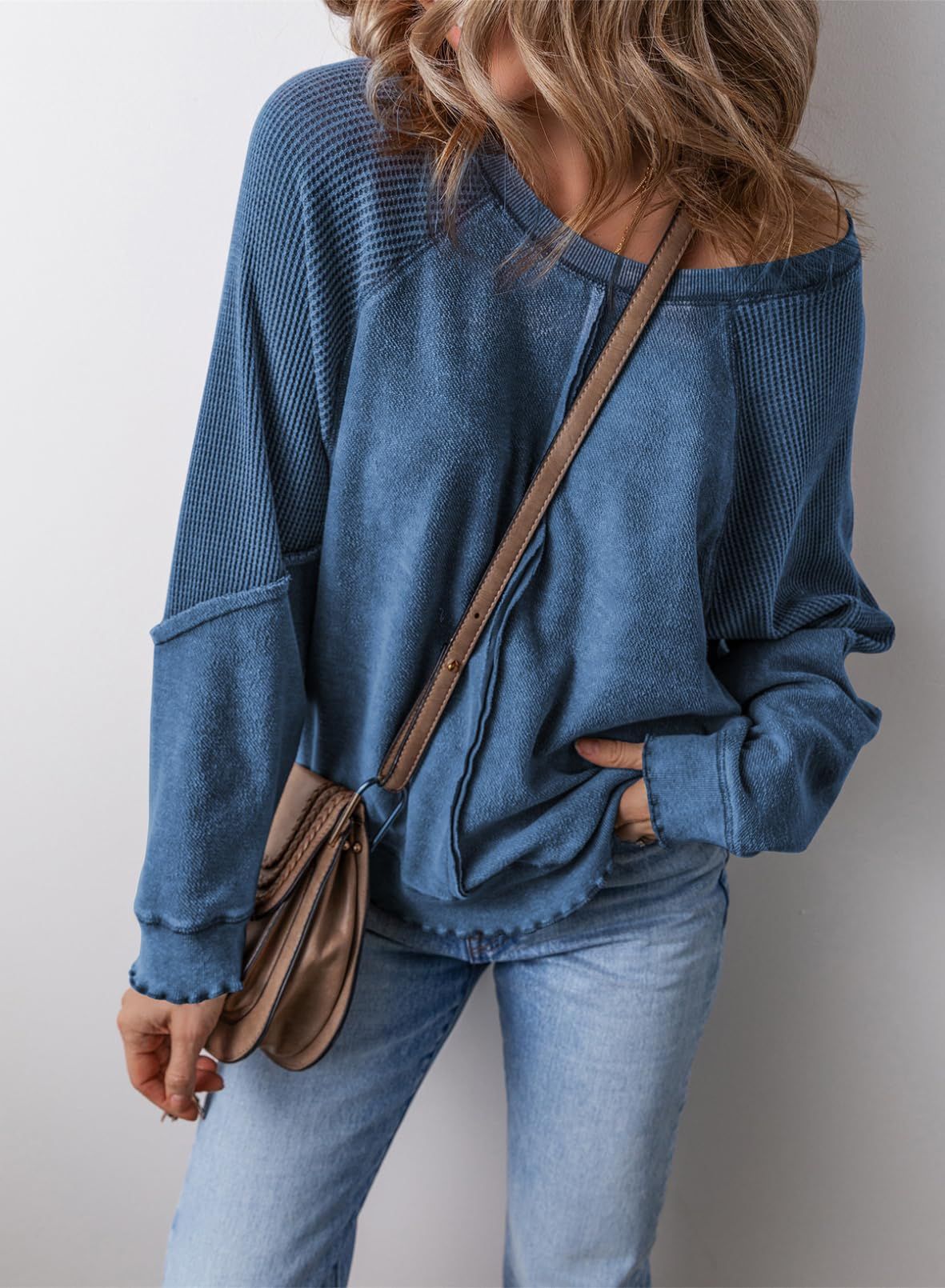 Relaxed Waffle Knit Sweatshirt with Lettuce Hem and Front Pocket — variant_front