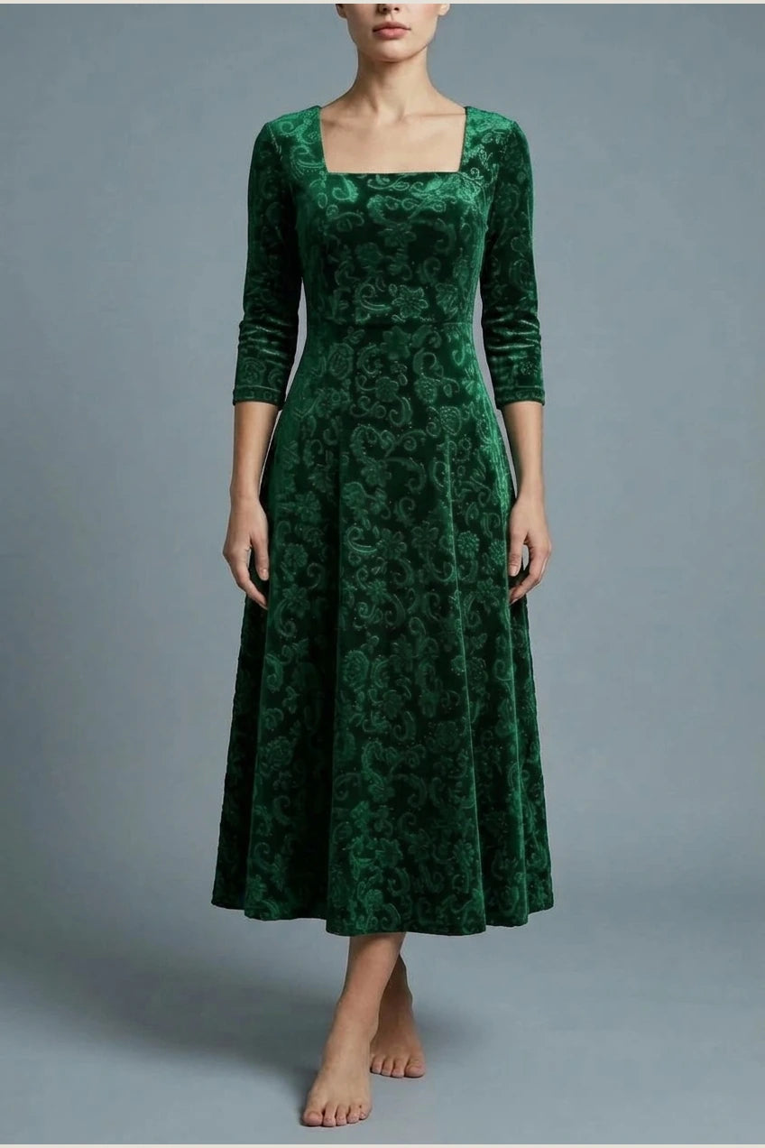 Scarlett | Women's Square Neck Velvet Floral Embossed Party Dress — variant_front