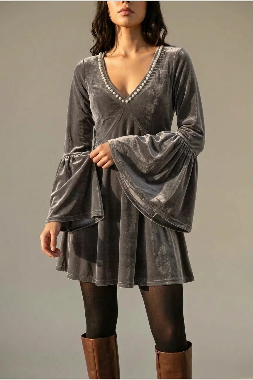 Mini Dress Women - Velvet Mini Dress with V-Neckline — variant_front