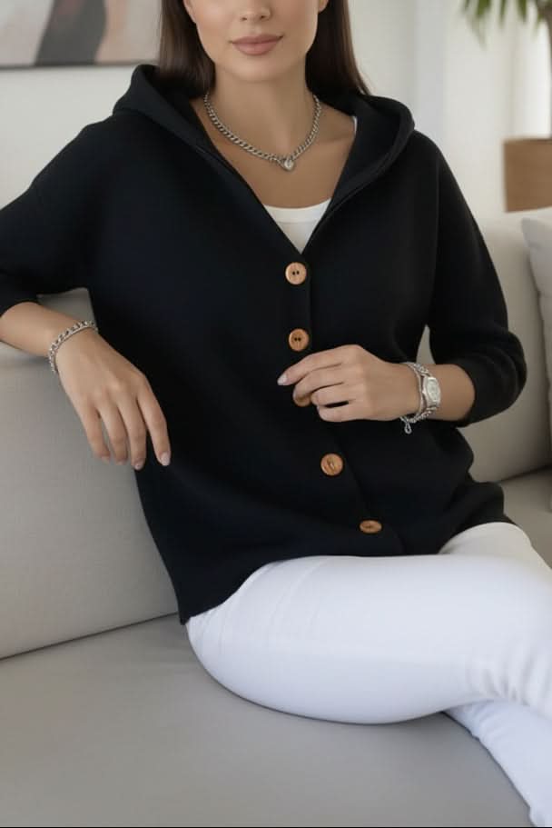 Relaxed Hooded Cardigan with Button Front and Ribbed Cuffs — variant_front