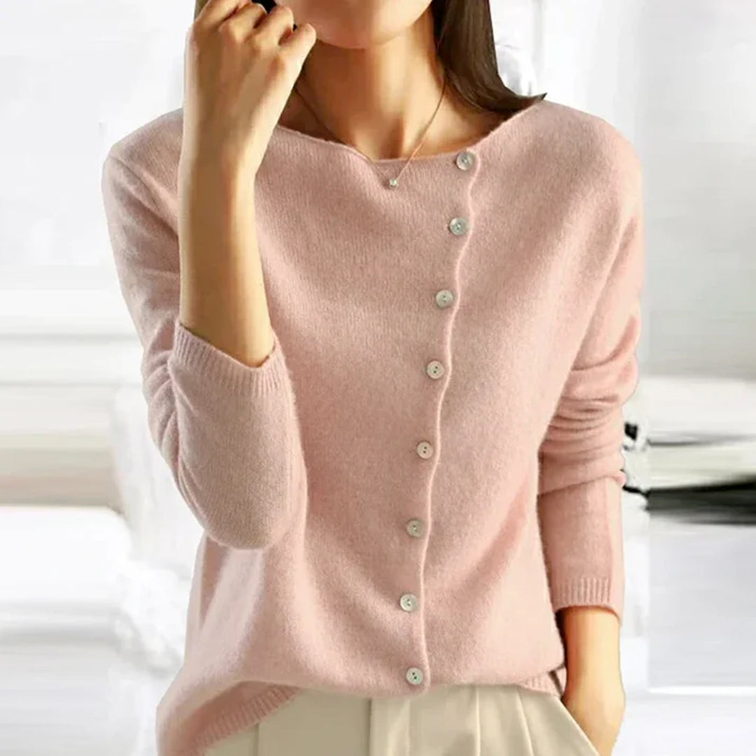 Soft Knit Cardigan with Asymmetric Button Front and Scoop Neckline — variant_front