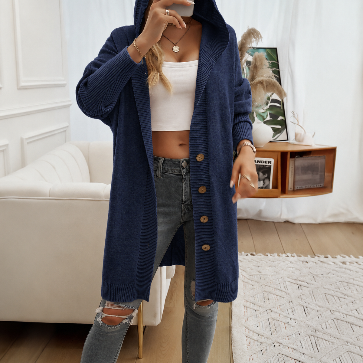 Relaxed Hooded Knit Cardigan with Button Front and Ribbed Cuffs — variant_front