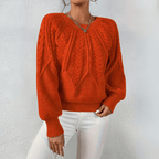 Cable Knit Sweater with Puff Sleeves and Round Neckline — variant_front