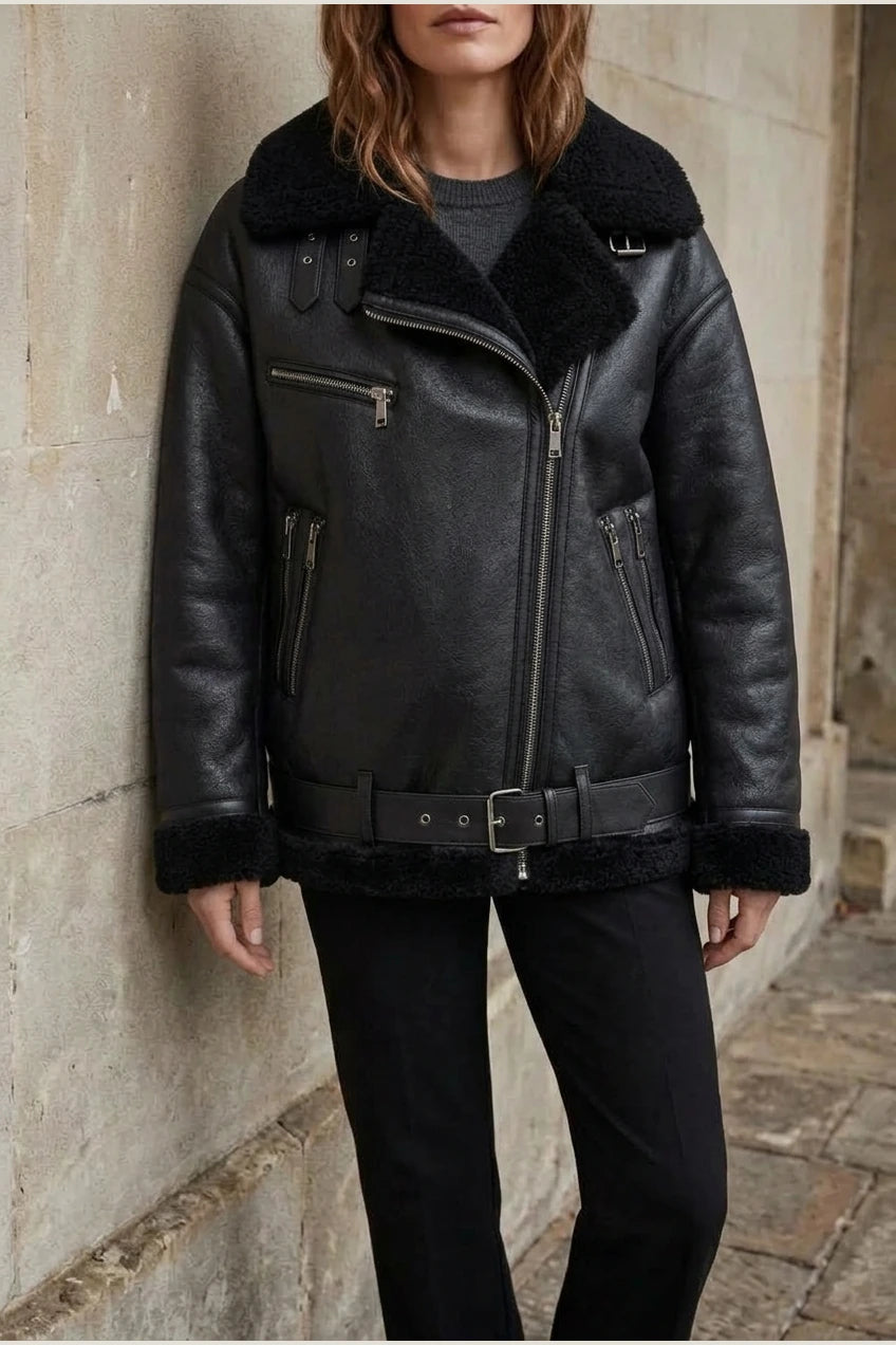 Women's Aviator Coat with Belted Shearling Trim – Aveline — variant_front