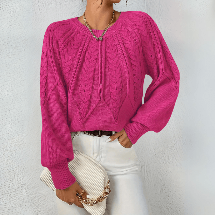 Cable Knit Sweater with Puff Sleeves and Round Neckline — variant_front