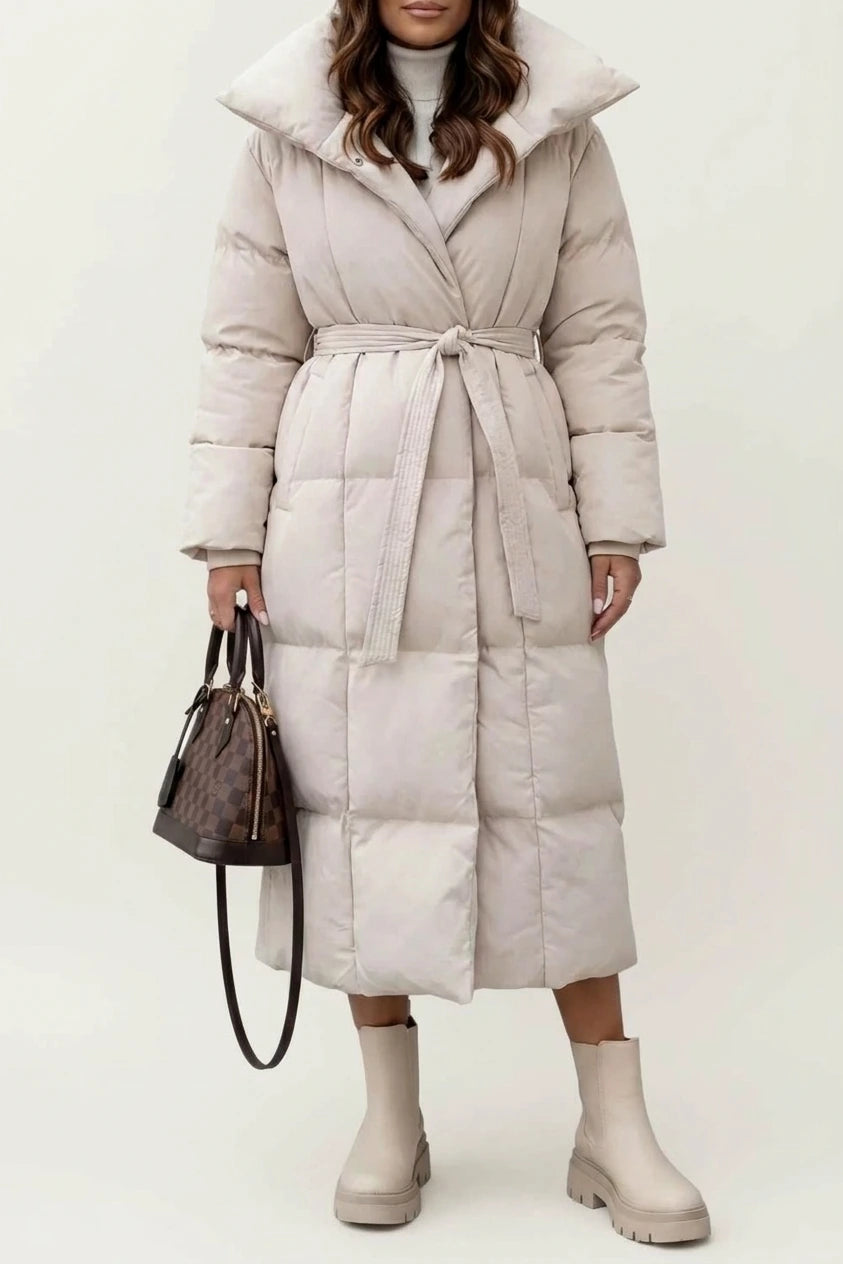 Women's Belted Long Puffer Coat with Silhouette Design – Ines — variant_front