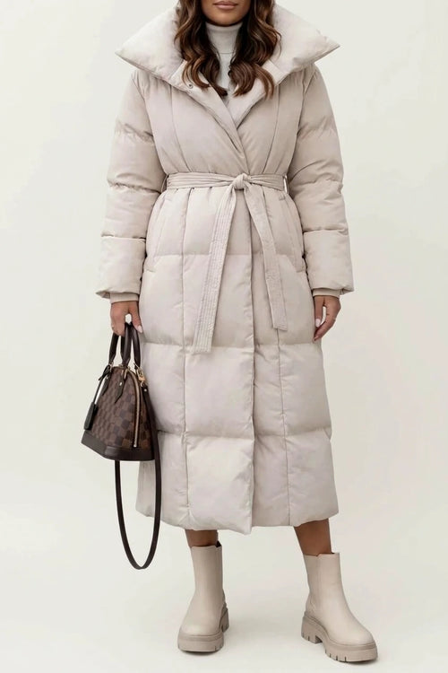 Women's Belted Long Puffer Coat with Silhouette Design – Ines — variant_front