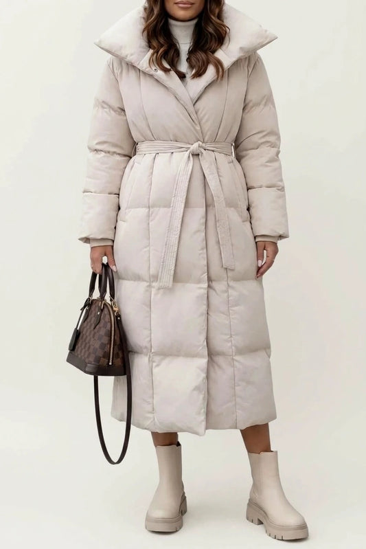 Women's Belted Long Puffer Coat with Silhouette Design – Ines — variant_front