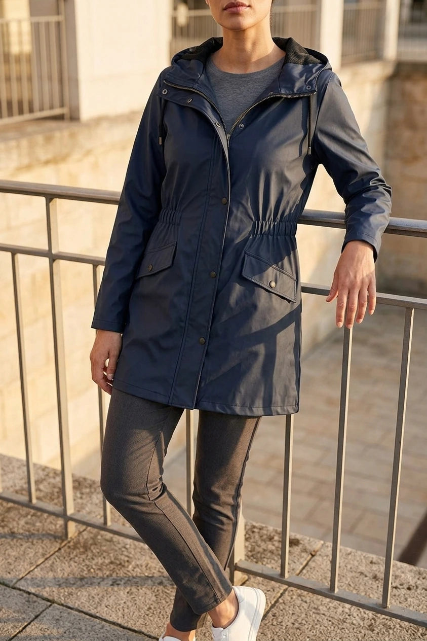 Hooded Waterproof Rain Jacket with Elasticated Waist and Flap Pockets — variant_front
