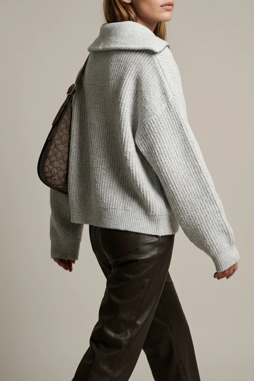 Oversized Half Zip Knit Sweater with Wide Collar — variant_front