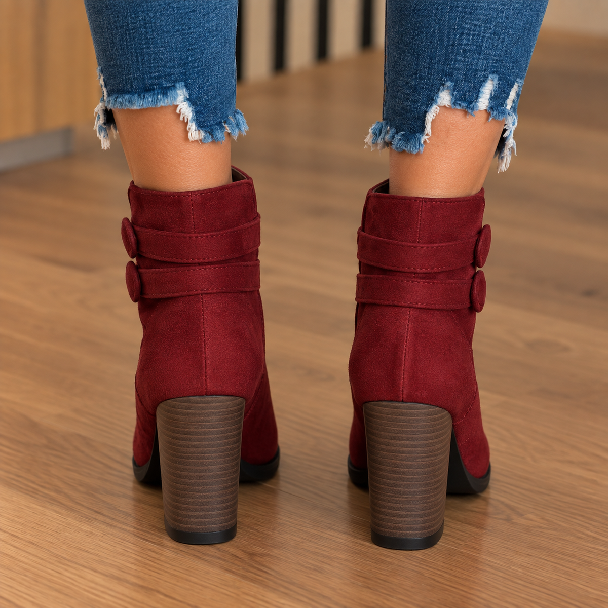 Suede Heeled Ankle Boots with Double Buckle Strap Detail — variant_front