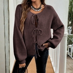 Relaxed Knit Cardigan with Tie Front and Puff Sleeves — variant_front