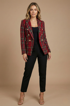 Classic Plaid Tweed Blazer with Double Breasted Gold Buttons — variant_front