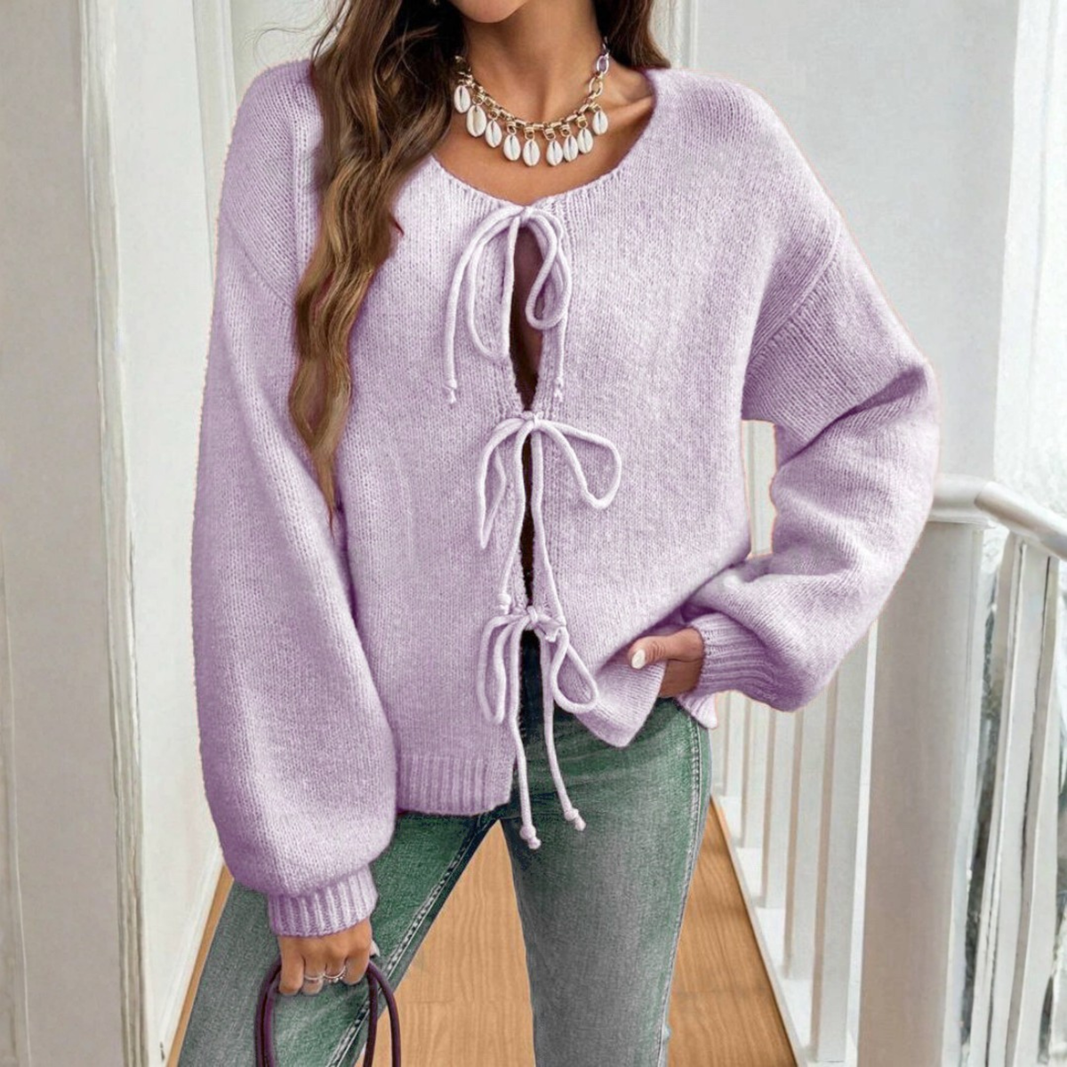 Relaxed Knit Cardigan with Tie Front and Puff Sleeves — variant_front