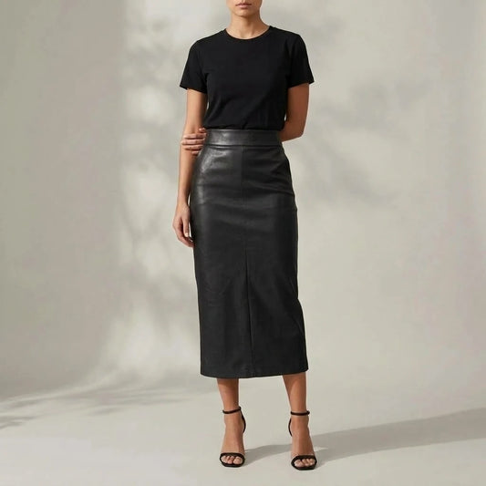 Women's High Waisted Faux Leather Midi Skirt - Palomine — variant_front