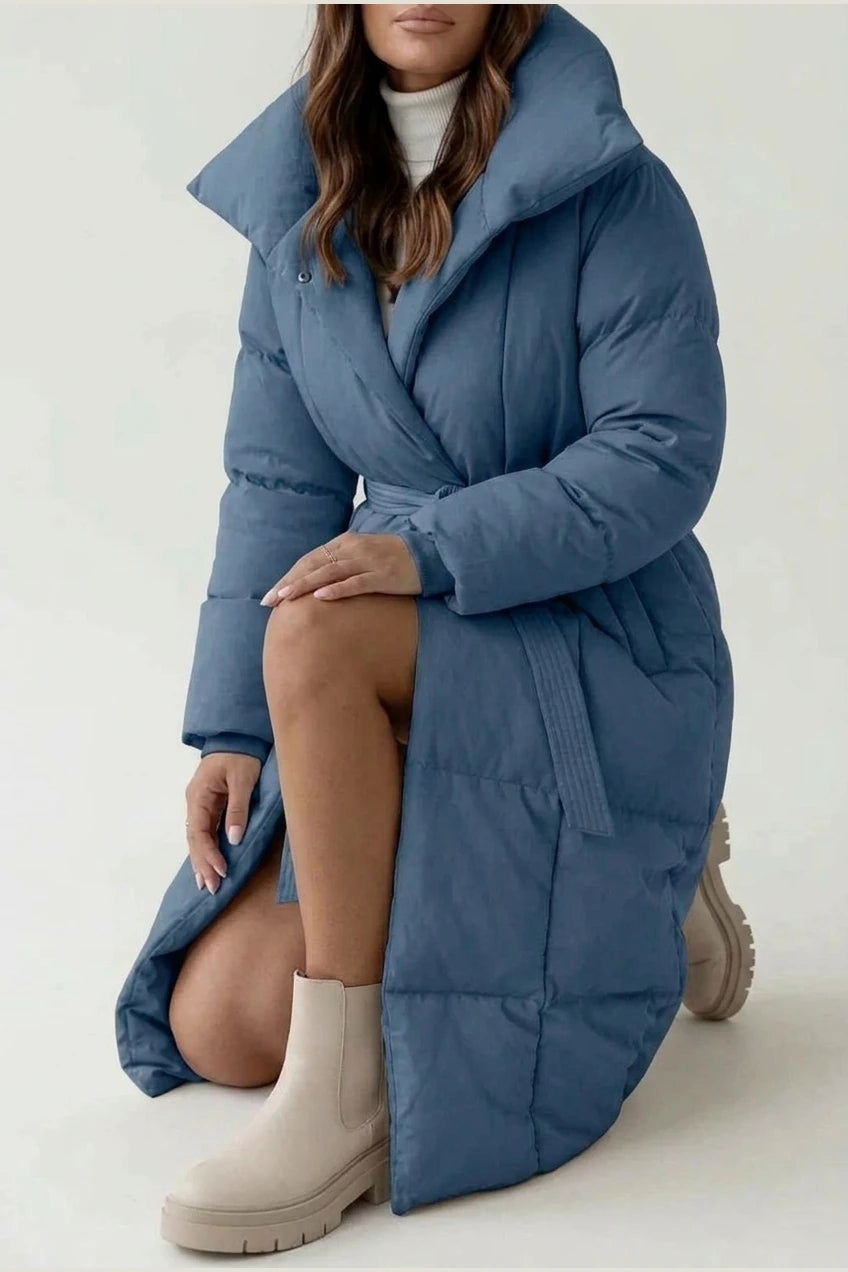 Women's Belted Long Puffer Coat with Silhouette Design – Ines — variant_front