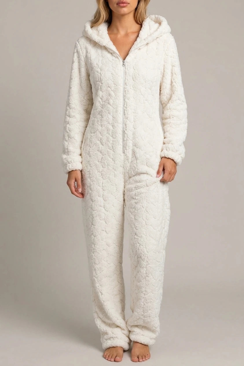 Women’s Hooded Teddy Fleece Jumpsuit – Full Zip Fluffy Lounge Onesie — variant_front