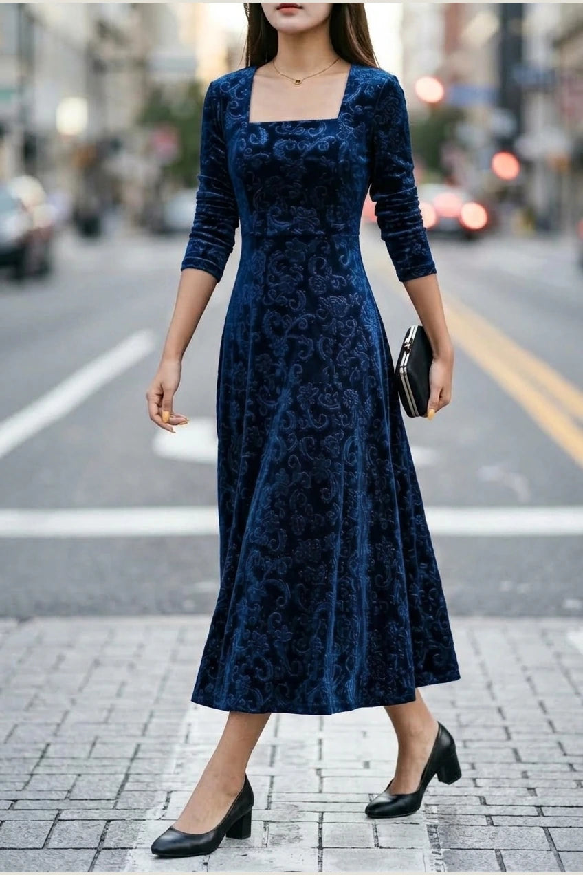 Scarlett | Women's Square Neck Velvet Floral Embossed Party Dress — variant_front