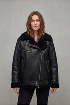 Women's Aviator Coat with Belted Shearling Trim – Aveline — variant_front