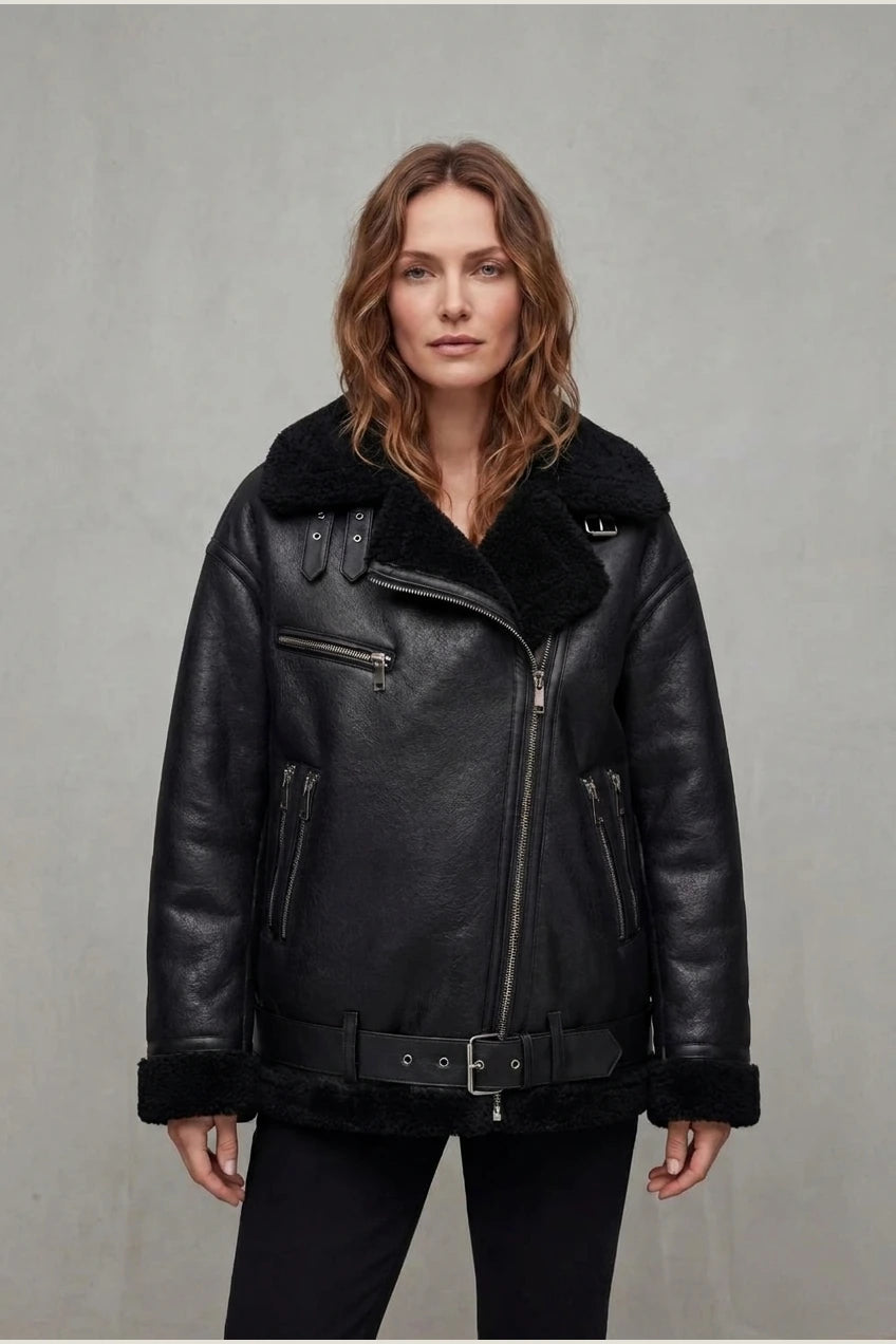 Women's Aviator Coat with Belted Shearling Trim – Aveline — variant_front