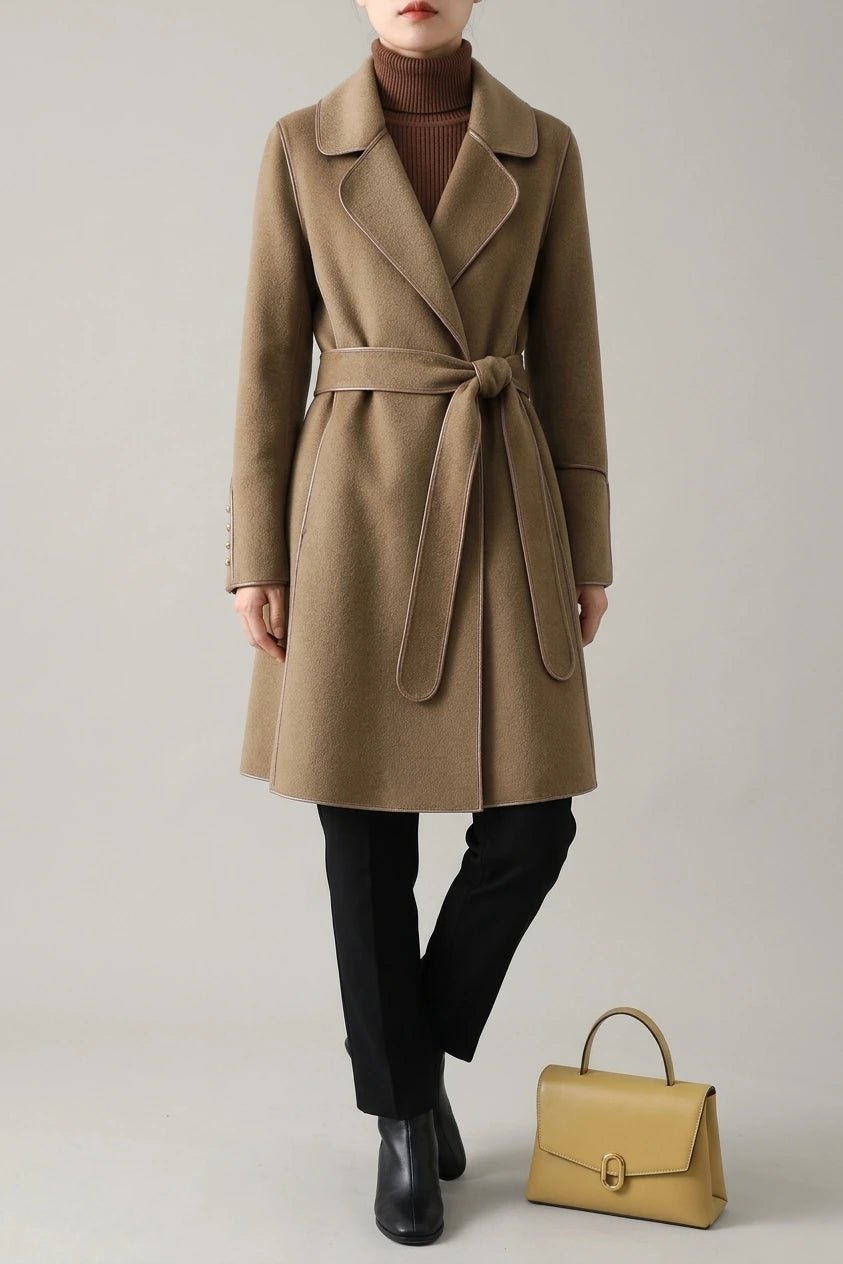 Refined Wool Coat with Contrast Trim and Self-Tie Belt — variant_front