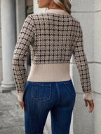 Houndstooth Knit Cardigan with Gold Buttons and Chest Pockets — variant_front