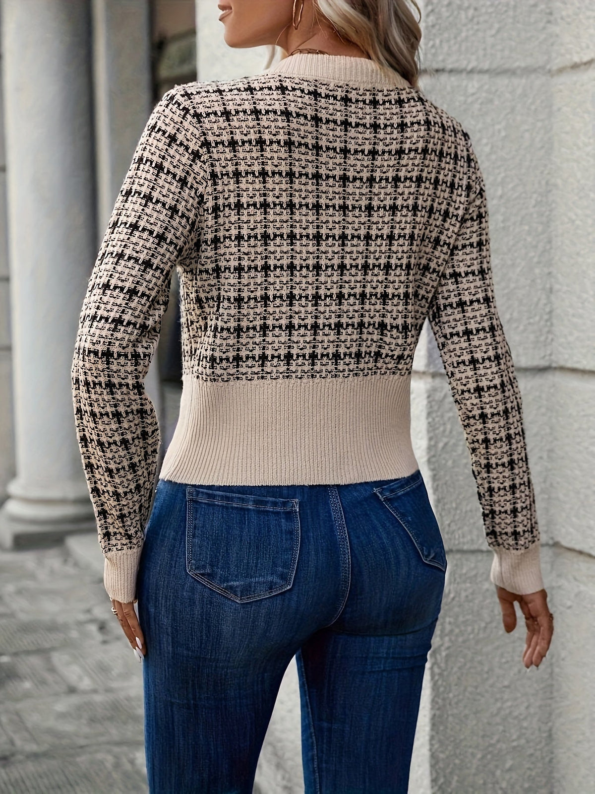 Houndstooth Knit Cardigan with Gold Buttons and Chest Pockets — variant_front
