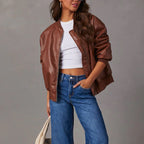 Oversized Leather Bomber Jacket with Ribbed Trim — variant_front