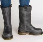 Fleece-Lined Pull-On Leather Mid-Calf Boots with Contrast Stitching — variant_front