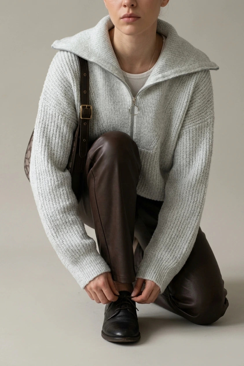 Oversized Half Zip Knit Sweater with Wide Collar — variant_front