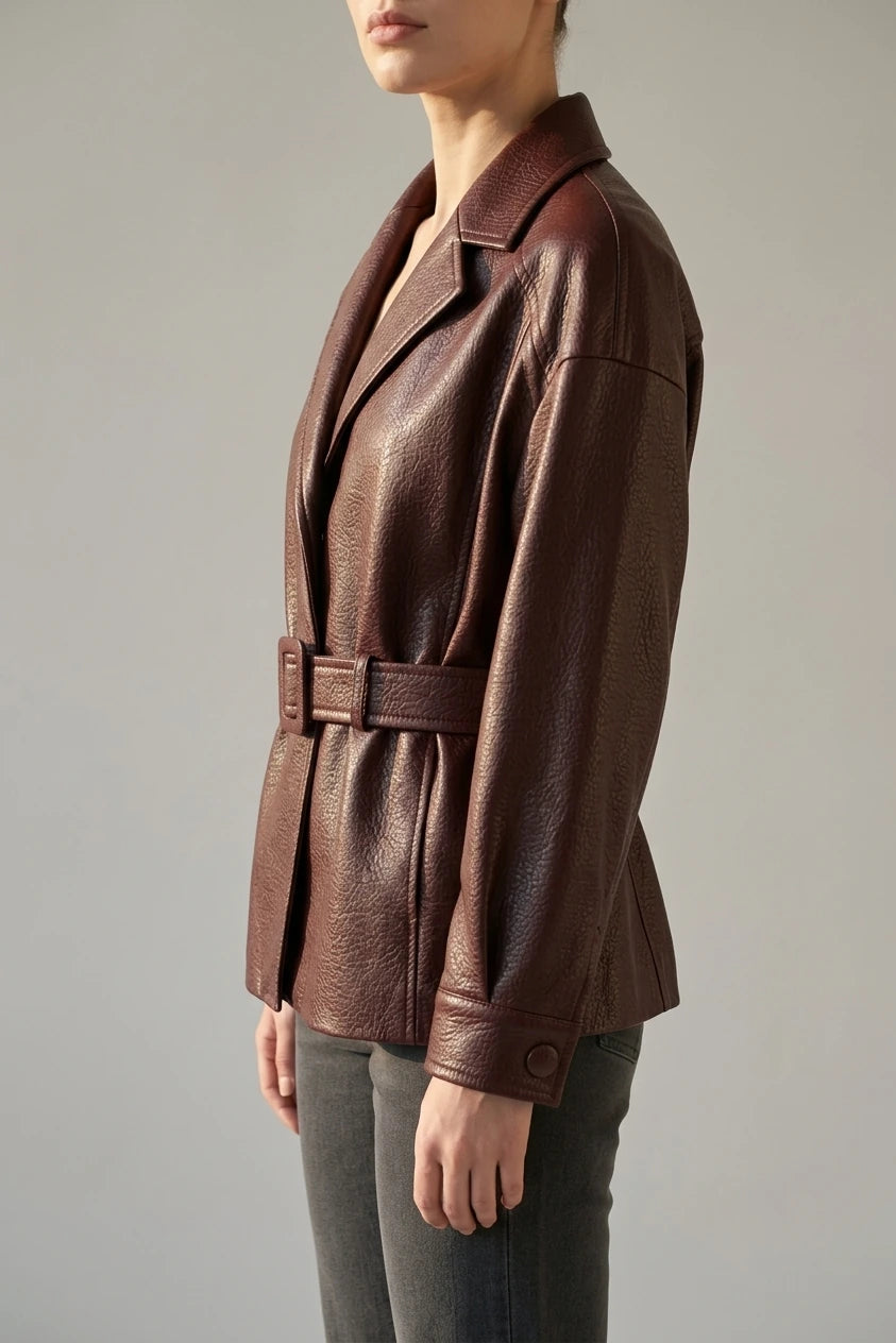 Belted Leather Jacket with Wide Collar and Cuffed Sleeves — variant_front