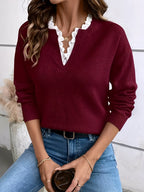 Knit V‑Neck Sweater with Lace Trim Detail, Relaxed Fit — variant_front