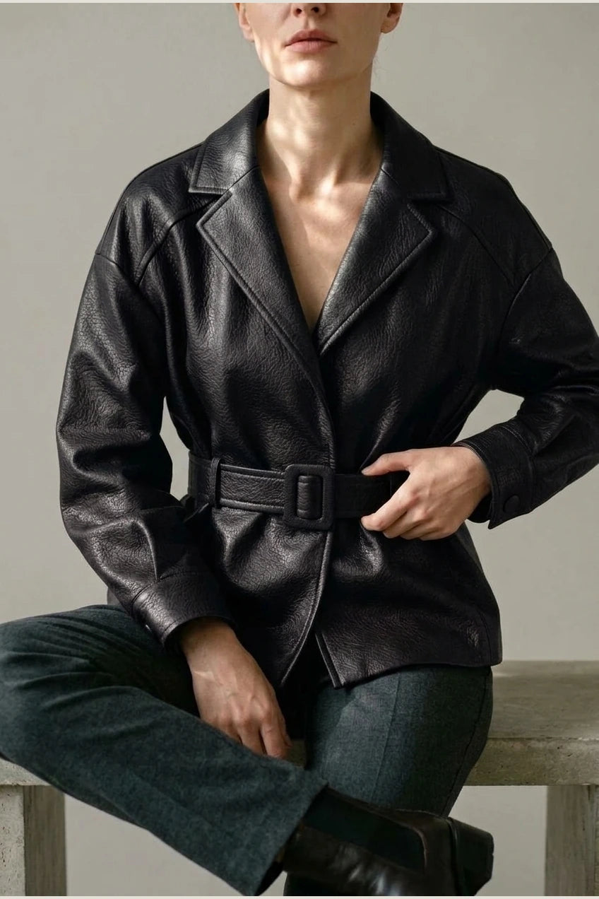 Belted Leather Jacket with Wide Collar and Cuffed Sleeves — variant_front