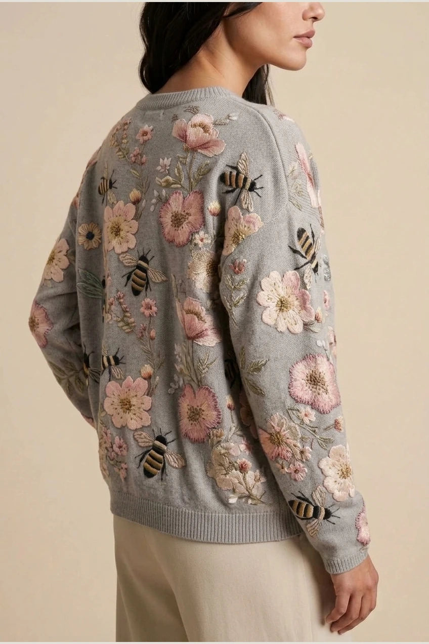 Women's Embroidered Floral Knit Sweater Loose Fit Crew Neck — variant_front
