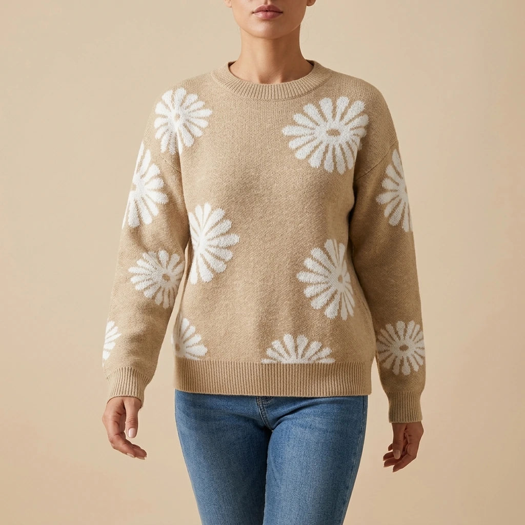 Evelyn | Women's Relaxed-Fit Floral Intarsia Knit Crew-Neck Jumper — variant_front