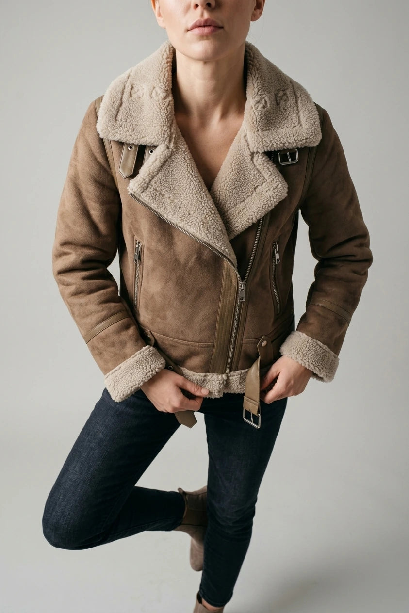 Amelia | Women's Shearling-Lined Belted Suede Moto Jacket — amelia-womens-shearling-lined-belted-suede-moto-jacket_lifestyle_detail_gesture_06.webp