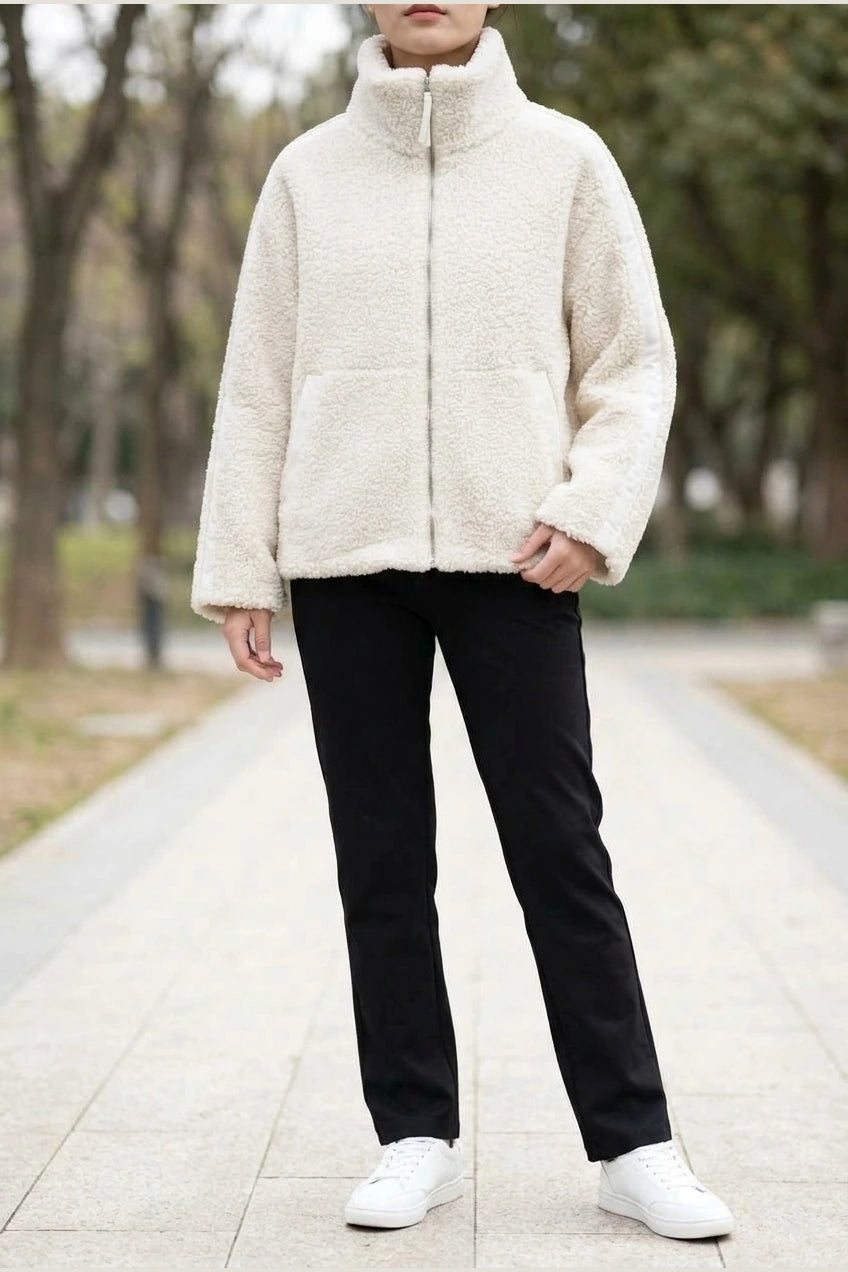 Teddy Zip Up Jacket with Stripe Detail for Women — variant_front