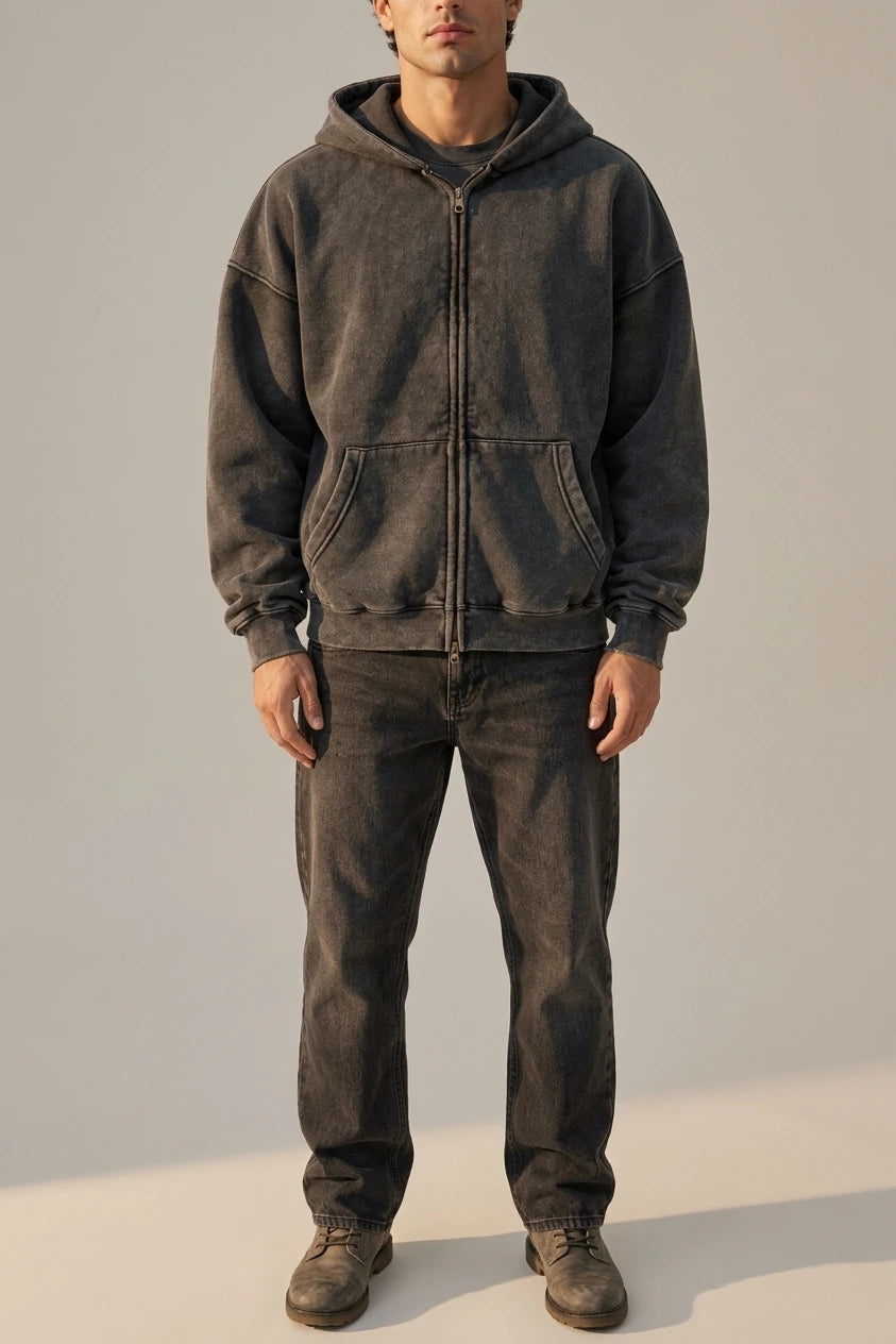 Men’s Oversized Full Zip Hoodie – Washed Hooded Jacket — variant_front