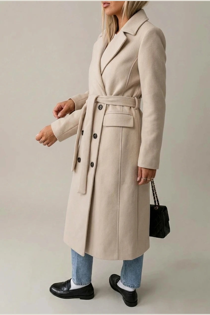Women's Long Coat Wool Blend Belted Structured Tailored Fit Office — variant_front