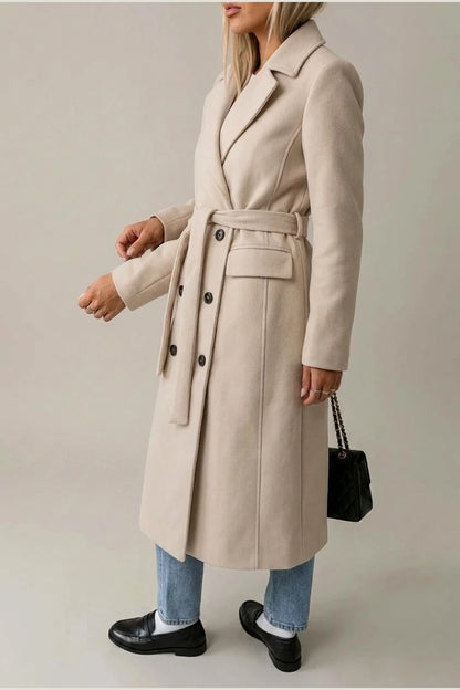 Women's Long Coat Wool Blend Belted Structured Tailored Fit Office — variant_front