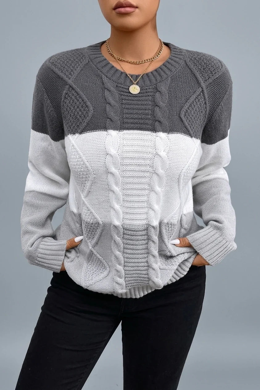 Plus Size, Plus Size Women's Autumn/Winter Casual Color Block Rhombus Pattern Pullover Sweater, Long Sleeve Crew Neck Cable Fabric Top — variant_front