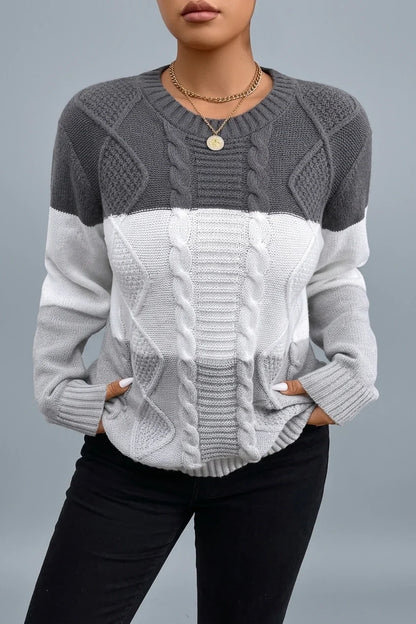 Plus Size, Plus Size Women's Autumn/Winter Casual Color Block Rhombus Pattern Pullover Sweater, Long Sleeve Crew Neck Cable Fabric Top — variant_front