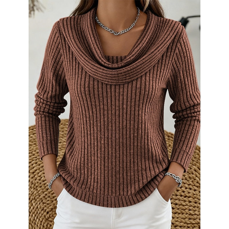 Ribbed Knit Sweater with Cowl Neck and Long Sleeves — variant_front